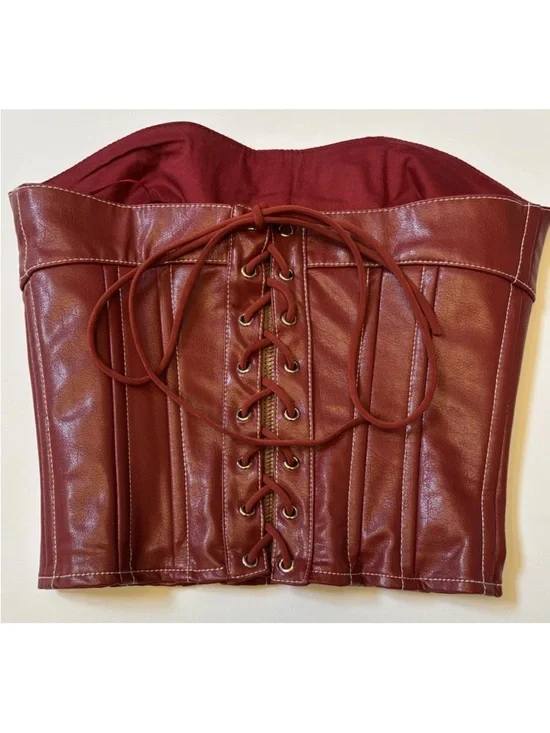 Edikted Red Faux Leather Corset Top XS Strapless Lace Up Back Y2K - Picture 3 of 6